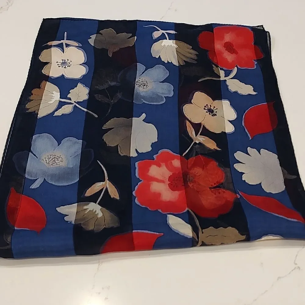 Charter Club Silk Long Floral Scarf Red and Blue Wrap